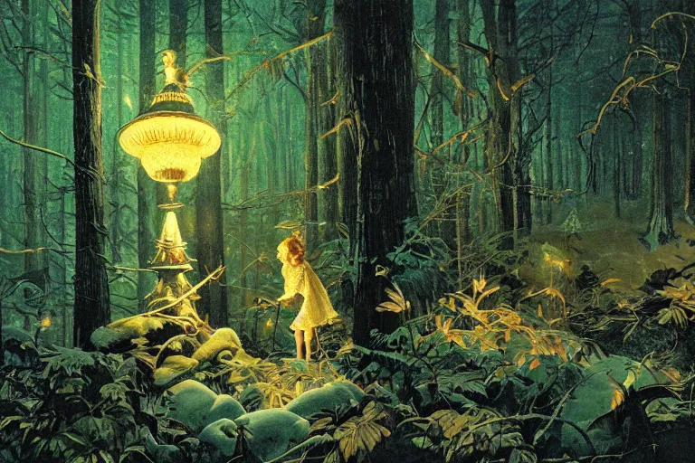 Prompt: a scenic view of a shining ghost in the middle of a magical forest at night, detailed, cinematic, dramatic scene, retro illustration by Norman Rockwell.