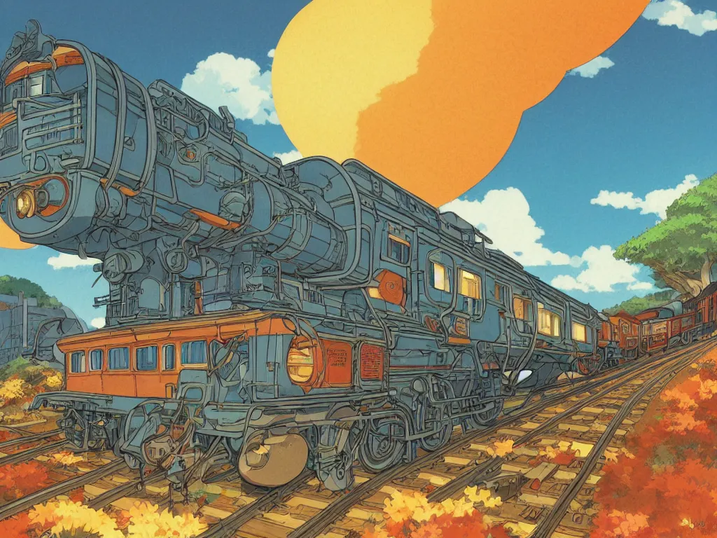 Prompt: cross - section close - up sideview of a anime train, autumn light, colorful, nausicaa of the valley of the wind, beautiful, by studio ghibli, digital art, concept art, manga, cute and adorable, illustration