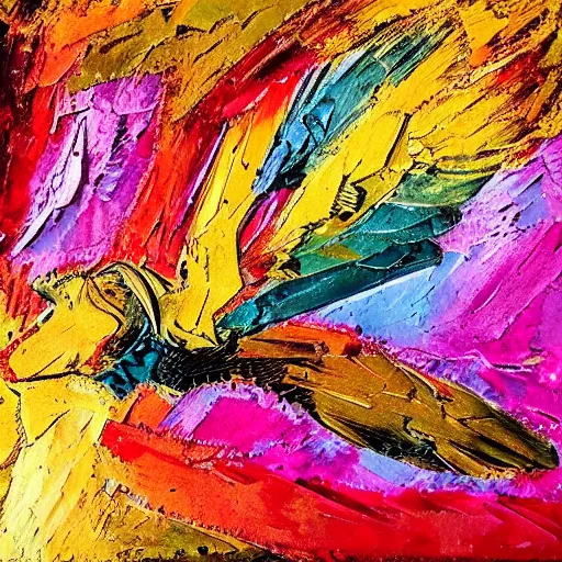 Image similar to you make me feel like dancing dance. spread wings. heart. flight. colorful. beautiful. impasto. texture