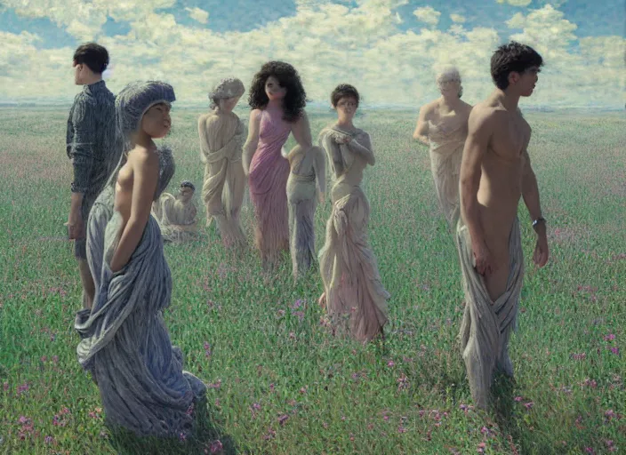 Prompt: people exterior futuristic field, figures, in the style of jeremy enecio, intricate, miles johnston, monet, cynical realism, john william godward, painterly, yoshitaka amano, miles johnston, louise zhang, matt murphy, enes dirig, pekka halonen, finnish naturalism, realism