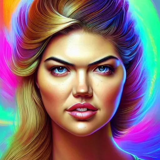 Prompt: Portrait of Kate Upton wearing epic bionic cyborg implants of different vibrant colors, detailed intricate ornate cables connected to head, portrait front face reference, by Dan Mumford and Naoto Hattori, extremely beautiful and proportionate, masterpiece, intricate, highly detailed, digital painting, Matrix Theme, artstation, concept art, crepuscular rays, smooth, sharp focus, illustration, background made from fractals of vibrant universe stars, cyberpunk colors, volumetric lighting, art by artgerm and james jean and Nick Sullo