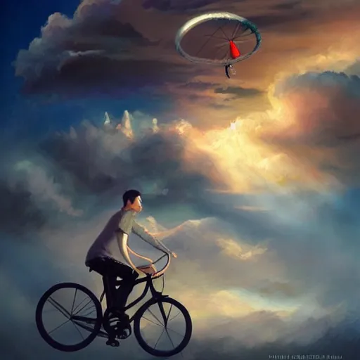 Image similar to A striking painting of a happy man flying in the sky on his bicycle in the clouds, award-winning digital art by Ross Tran