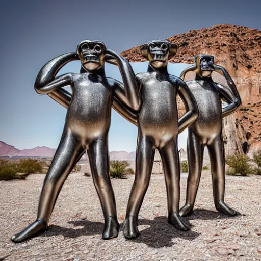 Image similar to Contamporary art fashion photography of ultra mega super hyper realistic detailed group of ultra mega super hyper realistic detailed monkey's in ultra mega super hyper realistic detailed suits, standing near very highly detailed stainless steel monolith situated in the desert. Photo shot on ultra mega super hyper Leica Q2 Camera