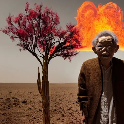 Prompt: full body shot of floating old asian man with long beard, his head covered in flowers, full face occult silver mask, glowing eyes, wearing a large carved wooden fractal stick, smoke around him, in the burning soil desert, cinematic shot, wide angle, desert background, volumetric lighting by Denis Villeneuve, Lubezki, Gaspar Noe Christopher Doyle and Alejandro Jodorowsky, anamorphic lens, anamorphic lens flares, kodakchrome, cinematic composition, practical effects, award winning photo, 8k