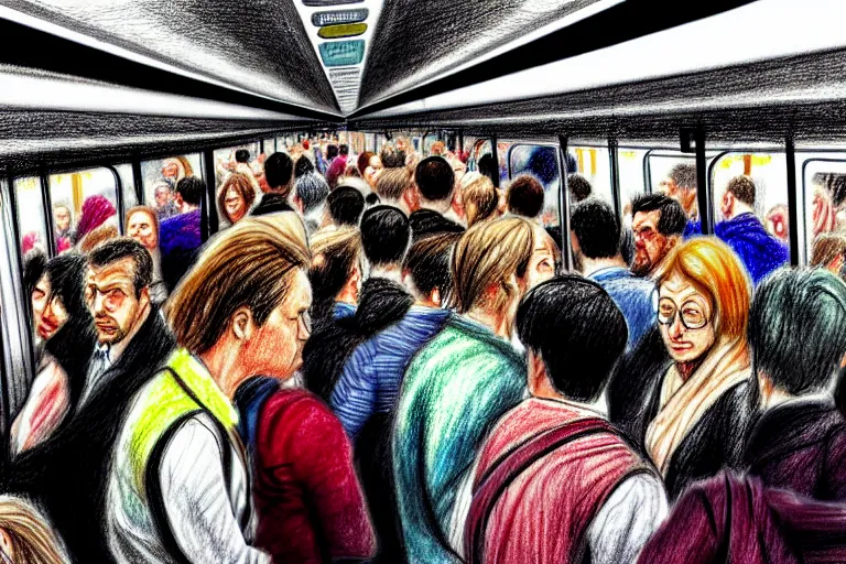 Prompt: a crowded train in germany, people packed in like sardines, dramatic, realistic pencil drawing, in color