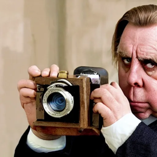 Image similar to Timothy Spall as Simon Graham holding a camera from the 1800s.