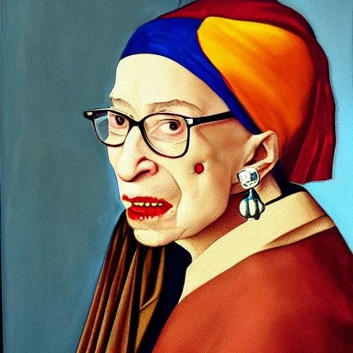 Image similar to ruth bader ginsburg with a pearl earring, painting by vermeer