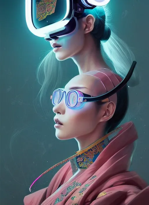 Image similar to portrait illustration of female japanese android wearing a vr eyewear and very detailed and intricate geisha kimono dress, intricate detail, cyber neon lighting, highly detailed, artstation, glamor pose, concept art, art by peter mohrbacher and boris vallejo and liam wong, pinterest, artstation, digital painting,