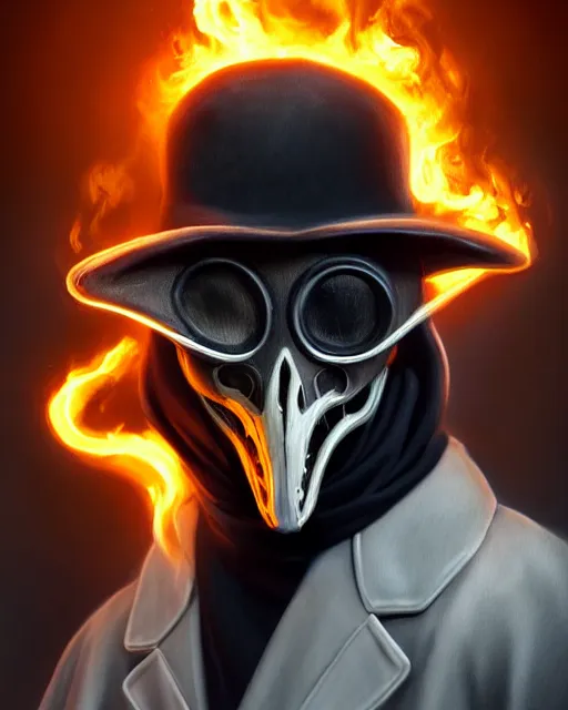 Image similar to a very elegant beautiful outstanding oil painting of a plague doctor as ghost rider, plague doctor mask burnt off, skull showing, 4 k, unreal engine 5, digital art, dramatic lighting, artstation