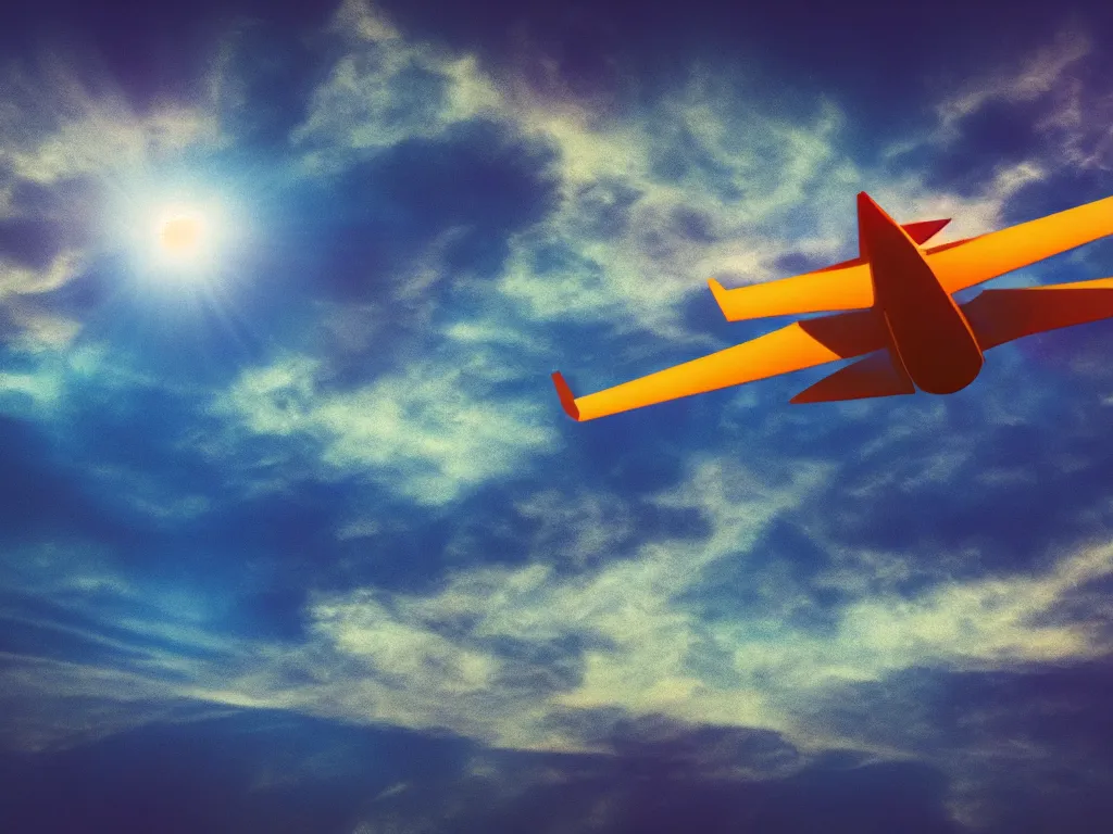 Prompt: a blurry image of a plane flying in the sky, an ambient occlusion render by ronnie landfield, pexels, objective abstraction, anamorphic lens flare, velvia, matte background