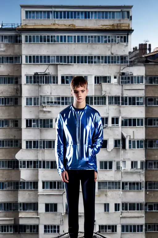 Image similar to un ultra high definition studio quality photographic art portrait of a young man standing on the rooftop of a british apartment building wearing soft padded silver pearlescent clothing. three point light. extremely detailed. golden ratio, ray tracing, volumetric light, shallow depth of field. set dressed.