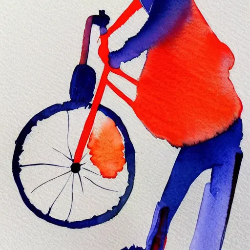 Image similar to person riding a bicycle, very beautiful watercolor painting, red dark - blue and orange color palette