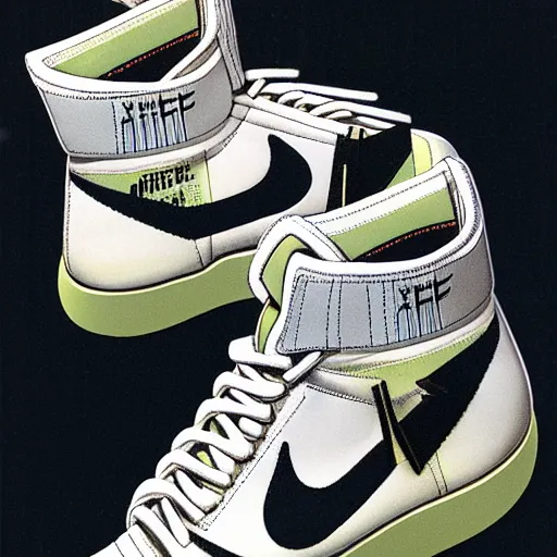 Image similar to retro futuristic Nike Off-White sneakers by syd mead