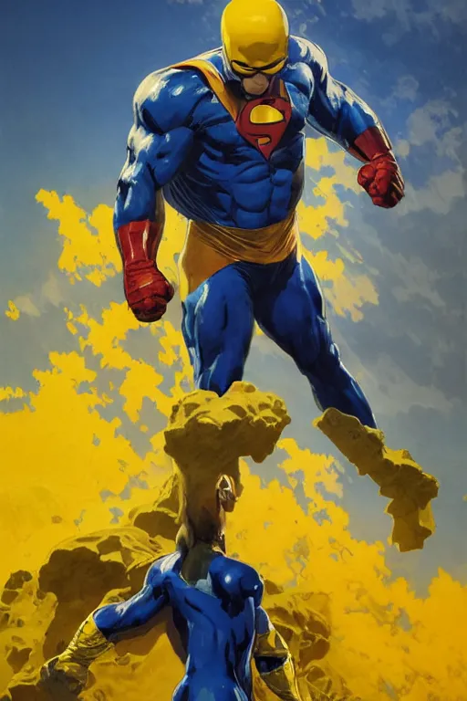 Image similar to marvel superhero, strong man with blue and yellow costume, goggles and leather helmet, yellow boots, yellow gloves, detailed portrait, action in background 8 k, concept art, painted by zdzislaw beksinski and artgerm and greg rutkowski and alphonse mucha, cinematic dramatic atmosphere, sharp focus, volumetric lighting, cinematic lighting, studio quality