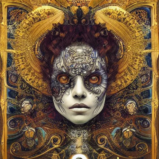 Image similar to Memento Mori by Karol Bak, Jean Deville, Gustav Klimt, and Vincent Van Gogh, beautiful visionary mystical portrait, calavera, otherworldly, fractal structures, ornate gilded medieval icon, third eye, spirals, botanicals by William Morris, calavera