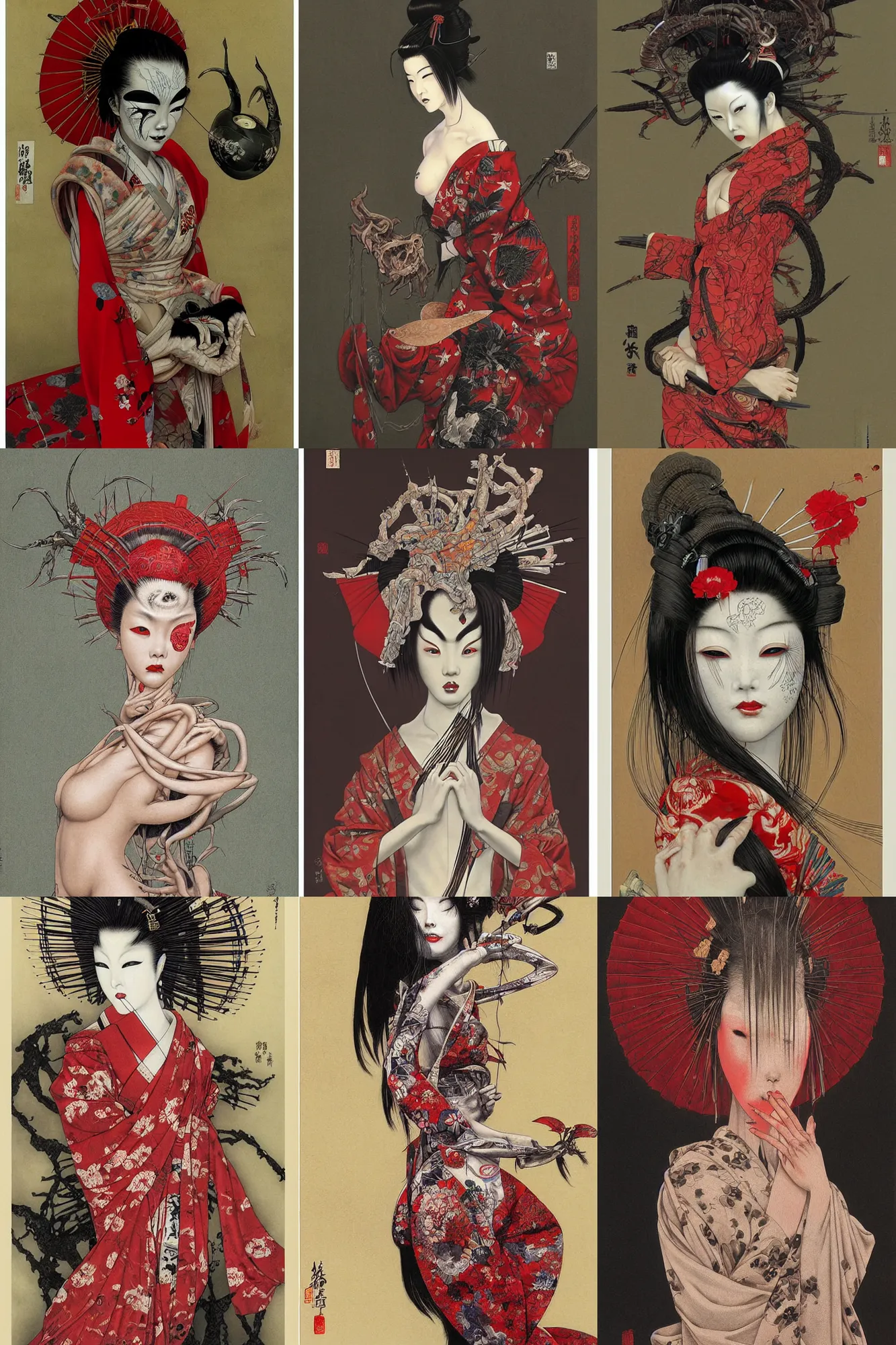Prompt: painting of a geisha by brain froud, dave dorman, takato yamamoto, h. r. giger, red