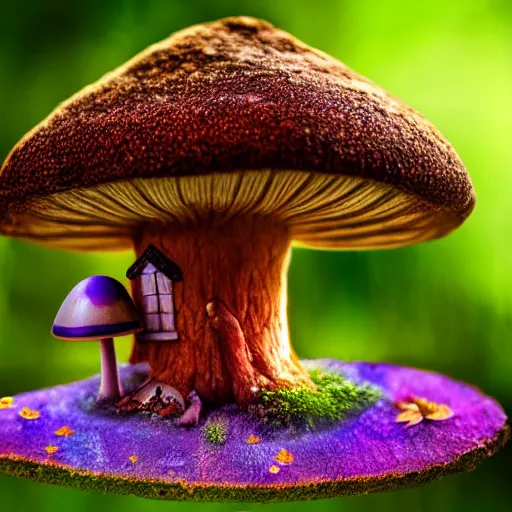 Image similar to Mushroom house, fairy, magical, mystical, psychedelic, realism, realistic, macrophotography, aerial veiw, 4k