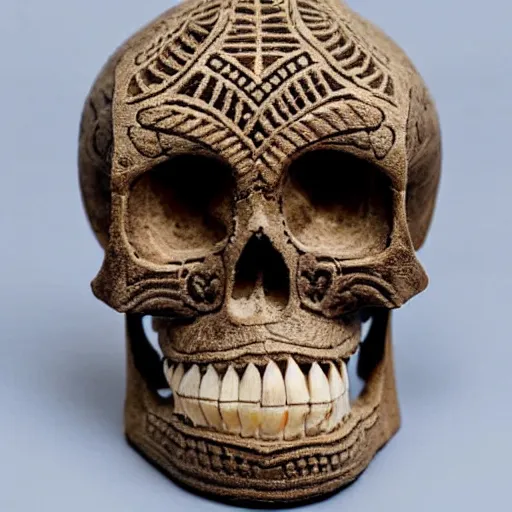 Prompt: intricately carved human skull, intricate ornament