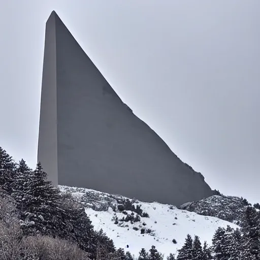 Image similar to a monolithic obelisk temple next to a snowcapped mountain. snowing, overcast sky, grainy.