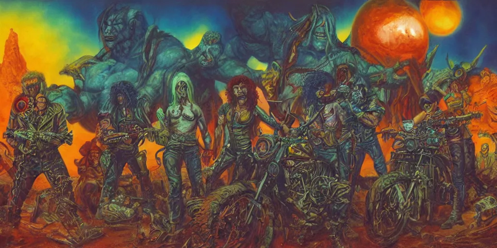 Prompt: members of a psychedelic post apocalyptic orcish biker gang, sharp focus, psychedelic colors, boris vallejo, michael whelan, 8 k, epic scifi fantasy art