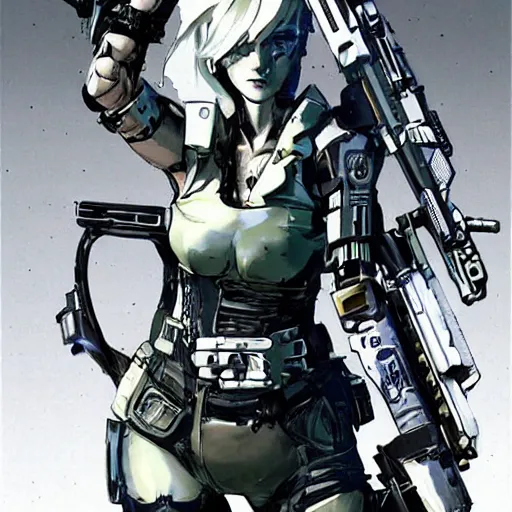 Image similar to cyberpunk military mafia woman with cybernetic arm, Yoji Shinkawa