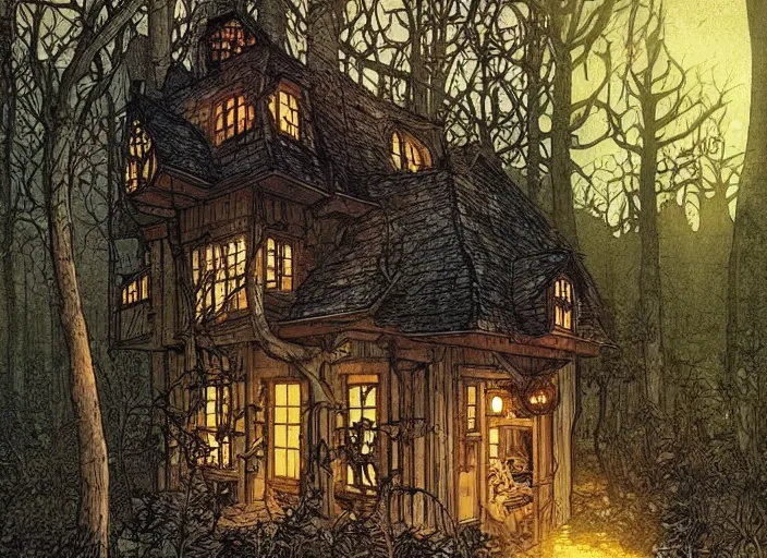 Prompt: house in a clearing in the middle of the forest, beautifully lit, steampunk, by rebecca guay and francois schuiten