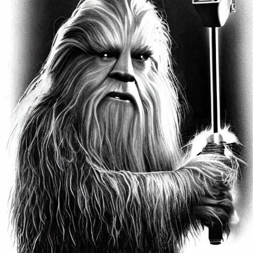 Image similar to gandalf as chewbacca, shampoo hair dryer, hair dryer advertisement