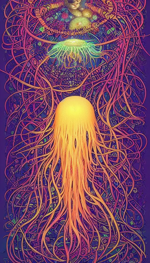 Prompt: The luminous oracle of the floral jellyfish, italian futurism, Dan Mumford, da vinci, Josan Gonzalez