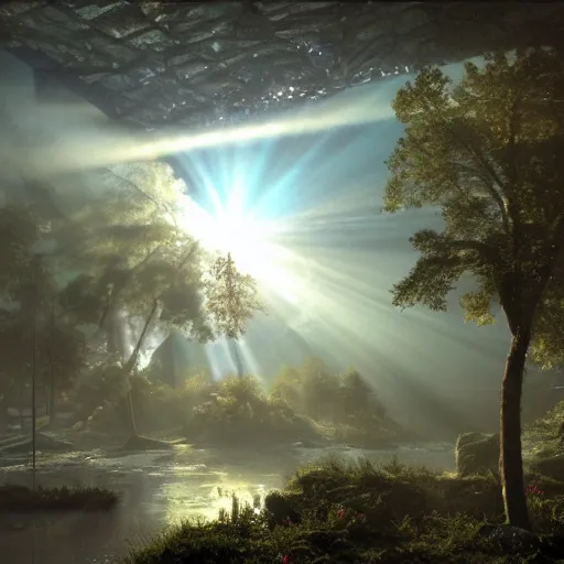 Image similar to cyber tectonic organic mystical megastructure luminous crystal architectures in the sky like the tree of life, by albert bierstadt, by glen small, by giovanni battista piranesi, photorealistic, god rays, octane render, depth of field, volumetric light, volumetric fog, holy spirit
