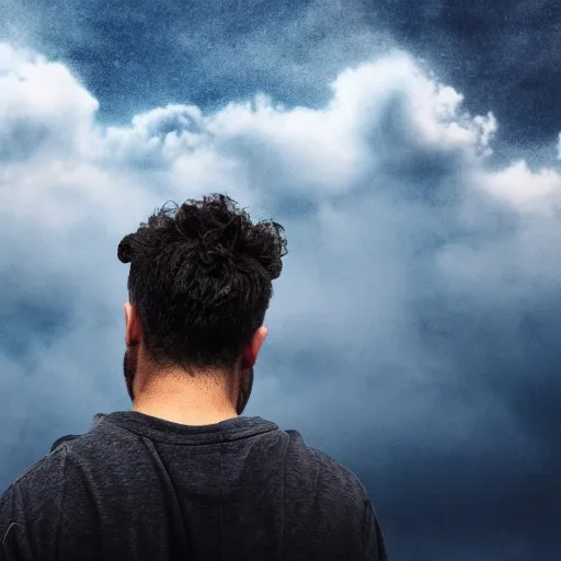 Prompt: a man looking over a dense cloud of particles that is slowly transforming into a city