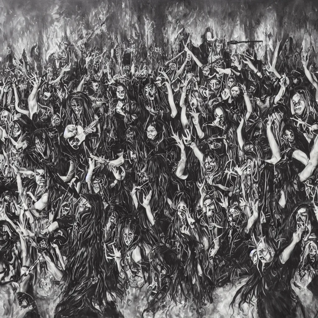 Prompt: a realistic painting of a black metal band performing at a childrens birthday party