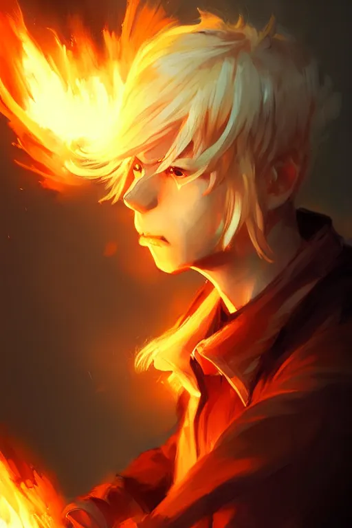 Prompt: character art by wenjun lin, young man, blonde hair, on fire, fire powers