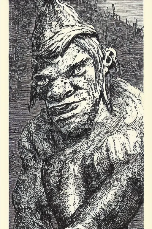 Prompt: 19th century wood-engraving of a humanoid creature called Shrek, whole page illustration from Jules Verne book titled Shrek, art by Édouard Riou Jules Férat and Henri de Montaut, frontal portrait, high quality, beautiful, highly detailed, removed watermarks