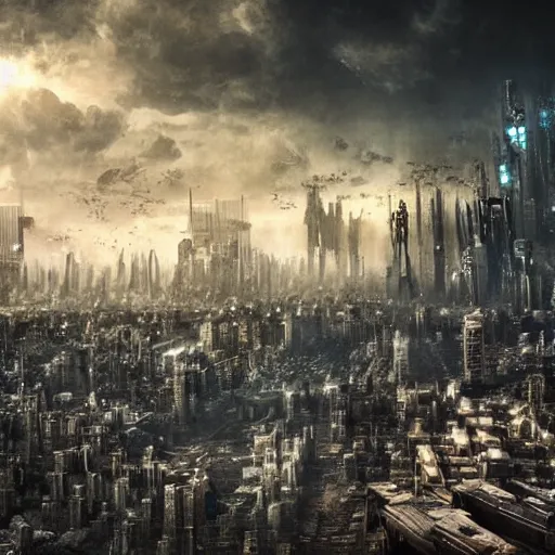 Image similar to megacity, hive city, futuristic dystopian endless, intricate, complex, labyrinthine, byzantine, tangled, matte painting, night, gloomy, dark, dramatic, cinematic, volumetric lighting, gods eye view