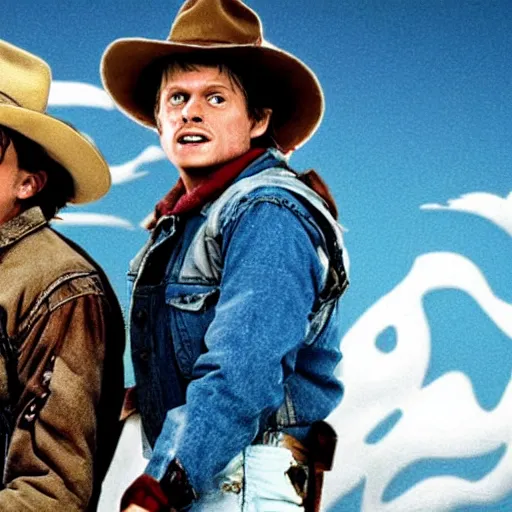 Image similar to BrokeBack to the Future Mountain starring Michael J Fox and Doc Brown