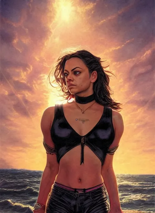 Image similar to Mila Kunis wearing black choker, epic portrait of a very strong muscled Amazon heroine, sun beams across sky, pink golden hour, stormy coast, intricate, elegance, highly detailed, shallow depth of field, epic vista, concept art, art by Artgerm and Donato Giancola, Joseph Christian Leyendecker