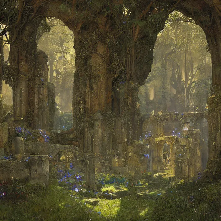 Image similar to ancient overgrown! ruins, medieval gates, runestones, mysetrious etherial mesmerizing runic!!, eyes, magical elven geometry, concept art by gustav klimt!, deviantart contest winner, environmental art, high detail, greg rutkowski