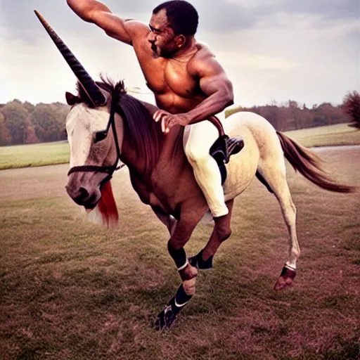 Prompt: Mike Tyson riding a unicorn photographed by annie leibovitz