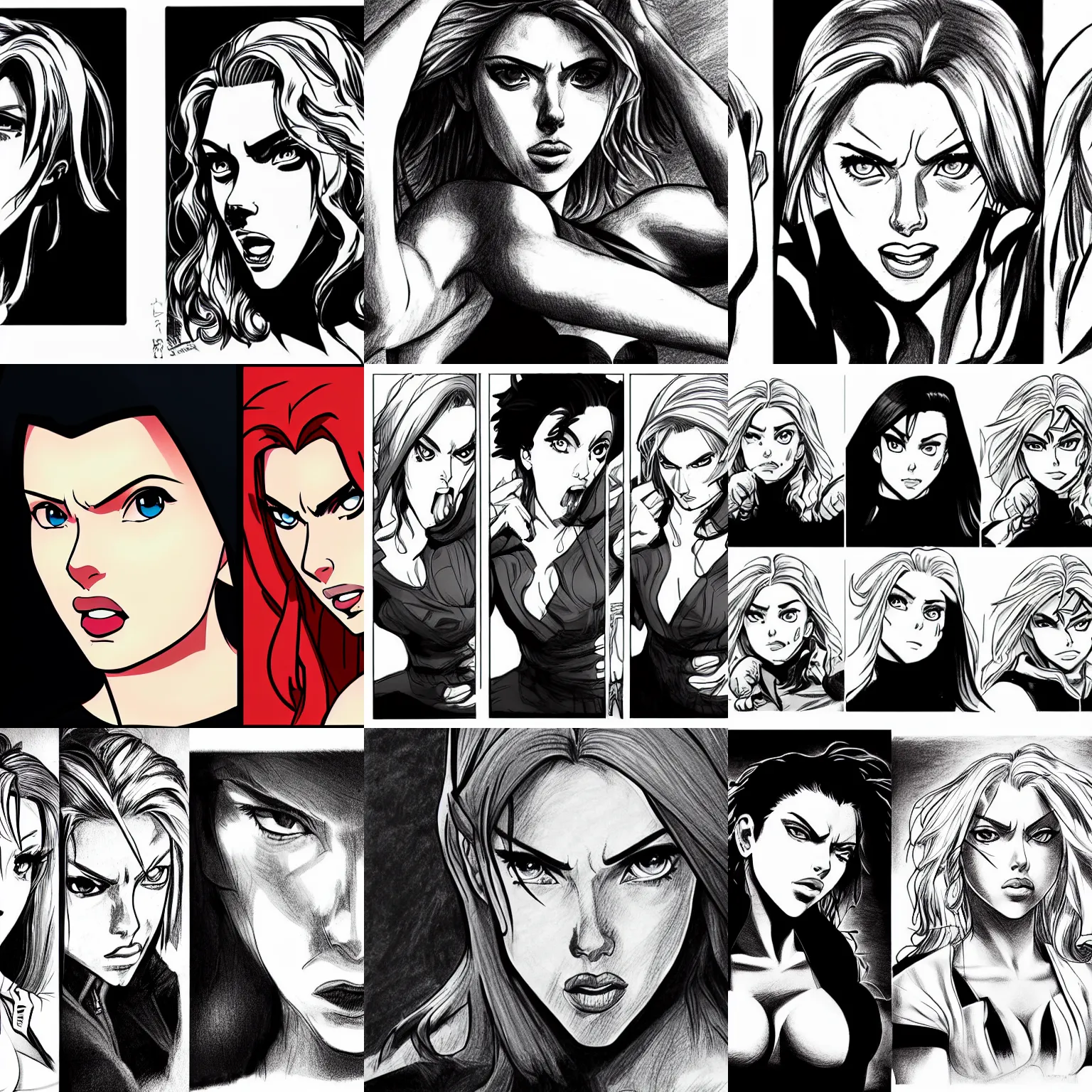 Prompt: 3 panels of scarlett johansson with angry expression in fist jojo anime, dramatic lighting, anime style, pencil and ink manga drawing,