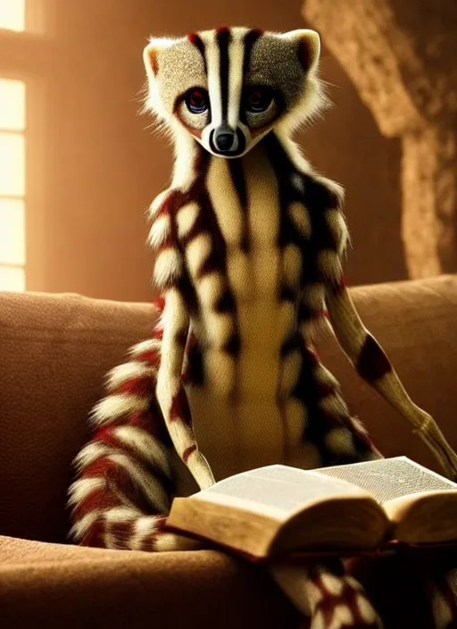 Prompt: A beautiful scene from a 2022 fantasy film featuring a humanoid genet wearing loose white clothing reading an ancient tome on a couch. An anthropomorphic genet. Golden hour.