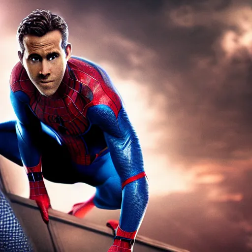 Image similar to ryan reynolds as a black and blue suit spider - man, cinematic, volumetric lighting, f 8 aperture, cinematic eastman 5 3 8 4 film, photorealistic