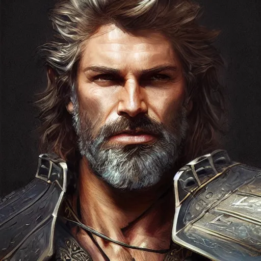 Prompt: portrait of a ruggedly handsome swordsman, soft hair, muscular, half body, leather, hairy, d & d, fantasy, intricate, elegant, highly detailed, digital painting, artstation, concept art, smooth, sharp focus, illustration, art by artgerm and greg rutkowski and alphonse mucha