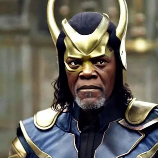 Image similar to film still of Samuel L Jackson as Loki, wearing Loki Helmet, wielding a powerful magical staff, in new Avengers film