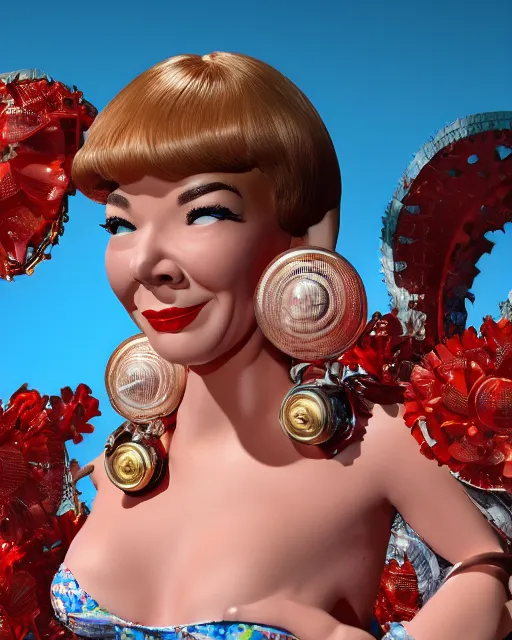 Prompt: highly detailed closeup, face profile portrait of a tin toy retro 1 9 5 0 s shirley maclaine, bikini, depth of field, fashion photoshoot by max fleischer, breathtaking, detailed and intricate environment, 8 k resolution, hyperrealistic, octane render