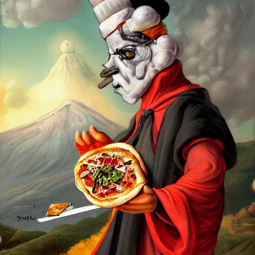 Image similar to a highly detailed pulcinella! with a pizza! margherita, full body, volcano in background, lava and smoke, ominous, detailed painting by arturo faldi, trending on deviantart, octane, masterpiece