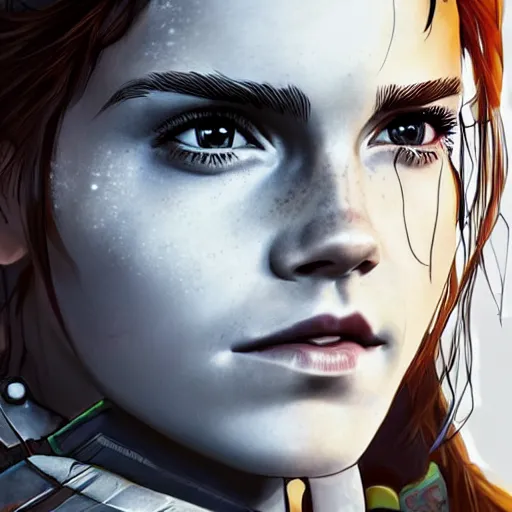 Image similar to emma watson as aloy from horizon zero dawn in the style of artgerm, wlop, digital art, close-up, insanly detailed