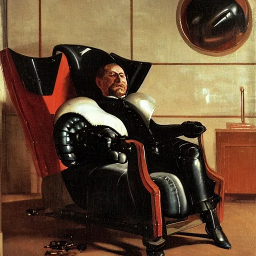 Image similar to a rich business man sitting in a big chair with a smirk, futuristic, sci - fi, by velazquez