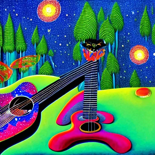 Image similar to psychedelic couch sofa in the lush forest, guitar, milky way, designed by moebius, rob gonsalves, gustav dore, giuseppe arcimboldo and carl barks, louis wain, trending on artstation, canada, star, sharp focus, colorful refracted sparkles and lines, soft light, 8 k 4 k