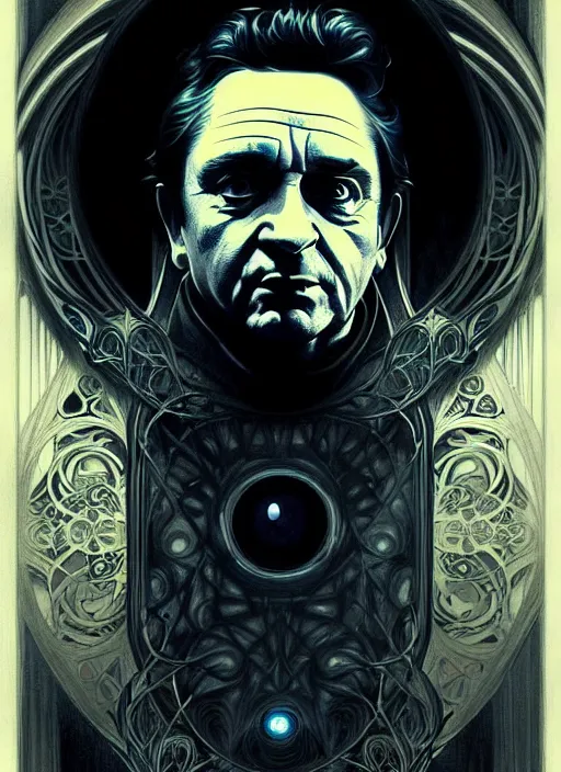 Prompt: portrait of johnny cash glowing eyes, volumetric lights, feast, music notes, art nouveau botanicals, gothic, intricate, highly detailed, digital painting, artstation, concept art, smooth, sharp focus, symmetric face, illustration, steampunk, art by artgerm and greg rutkowski and alphonse mucha