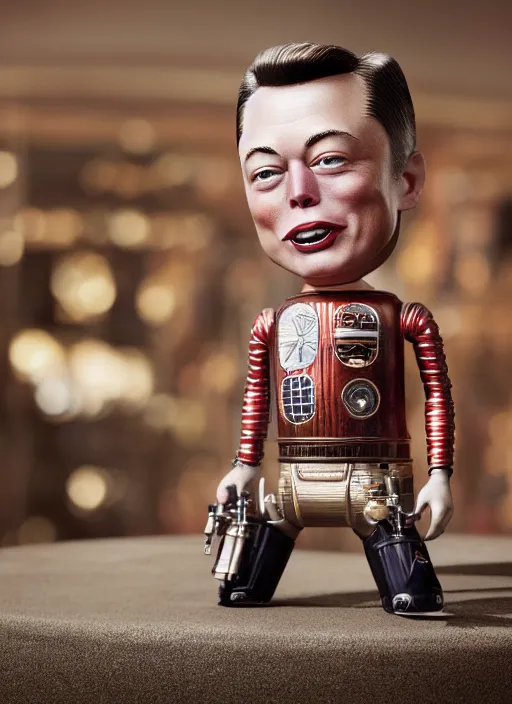 Image similar to closeup of a tin toy elon musk, depth of field, zeiss lens, detailed, symmetrical, centered, fashion photoshoot, by nicoletta ceccoli, mark ryden, lostfish, earl nore, hyung tae, frank frazetta, breathtaking, 8 k resolution, extremely detailed, beautiful, establishing shot, artistic, hyperrealistic, octane render